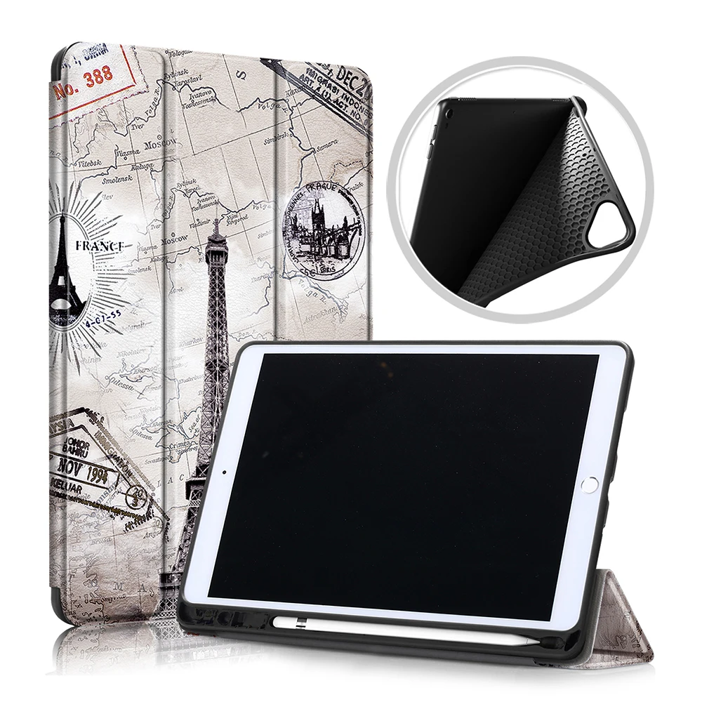 Tablet Protective Cases Painted Flip smart stand TPU case for iPad 10.2 Eiffel tower plum blossom Painted Cover