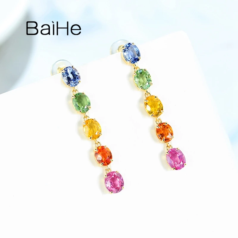 BAIHE Solid 14K Yellow Gold 4ct Color Sapphire Rainbow Long Stud Earrings Women Fine Jewelry Making Longues Boucles D'oreilles