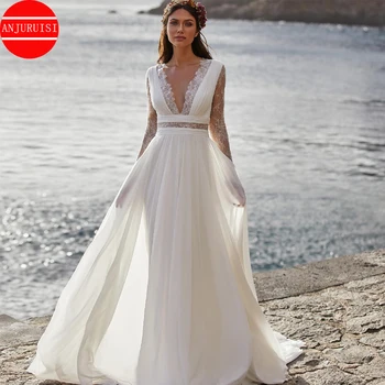 Robe de mariée en mousseline de soie plissée pour femmes, robe de mariée Boho, dentelle, ligne A, robe de plage sexy, surintendant de mariage, 2022