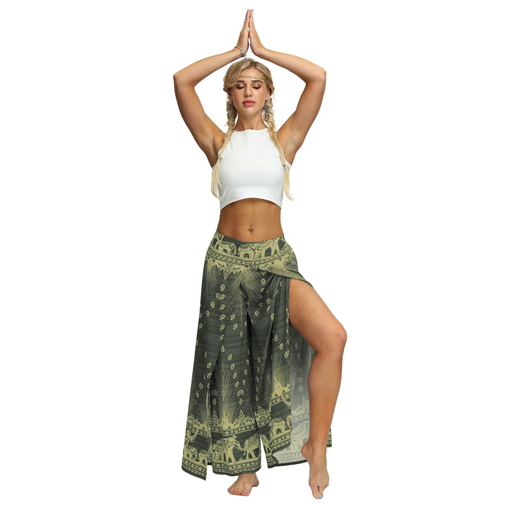 2021 nova mulher harem calças fenda perna larga calças de yoga palazzo casual boho hippie