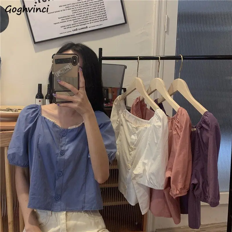 Shirt Women Short Sleeve Summer Sweet Various Colors Kawaii All-match Simple Square Collar Female Clothing Solid Puff  Ins