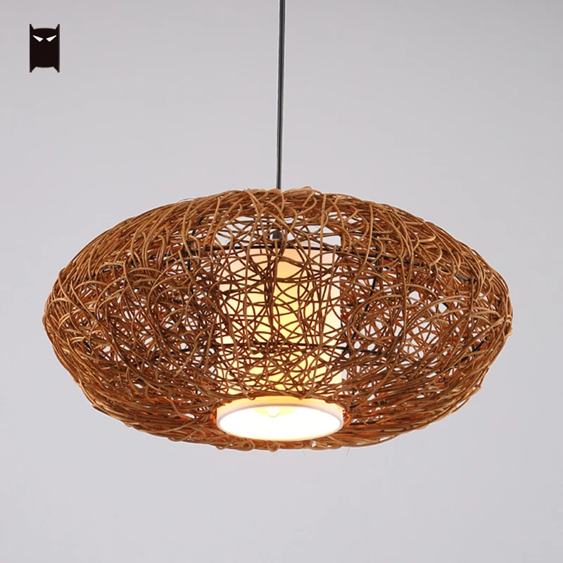 Wicker Braided Brown Round Lantern Pendant Light Fixture Rustic Country Vintage Retro Japanese Rattan Hanging Ceil Lamp Corridor