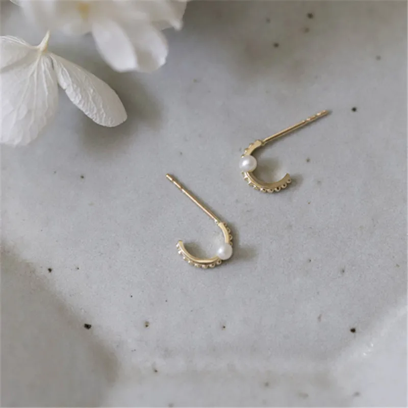 925 Sterling Silver Korea Simple Double Half Circle Small Pearl Stud Earrings Women 14k Gold Plating Jewelry Gift