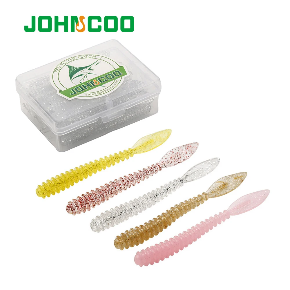 JOHNCOO 40pcs/box Soft Worm AJING Fishing Lure 57mm 0.64g Rockfish Ocean Rock Bait Bass Swimbait Jigging Plastic Baits Worm