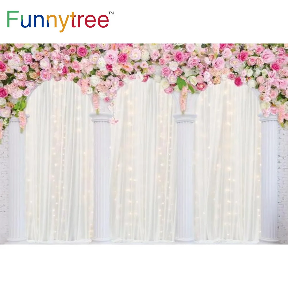 Funnytree Wedding Spring Backdrop White Curtain Flowers Wall Engagement Party Bridal Shower Photography Props Background