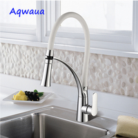 Aqwaua Kitchen Mixer Faucet Crane Sink Mixer Polished Chrome Single Handle 360 Swivel White Neck Tap Hot Cold Water for Kitchen