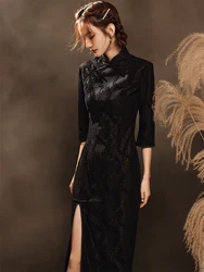 Oriental Dress Black Lace Cheongsams Plus Large Size Qipao Dresses Long Sleeve Modern Wind Long Cheongsam Dress Woman Costume