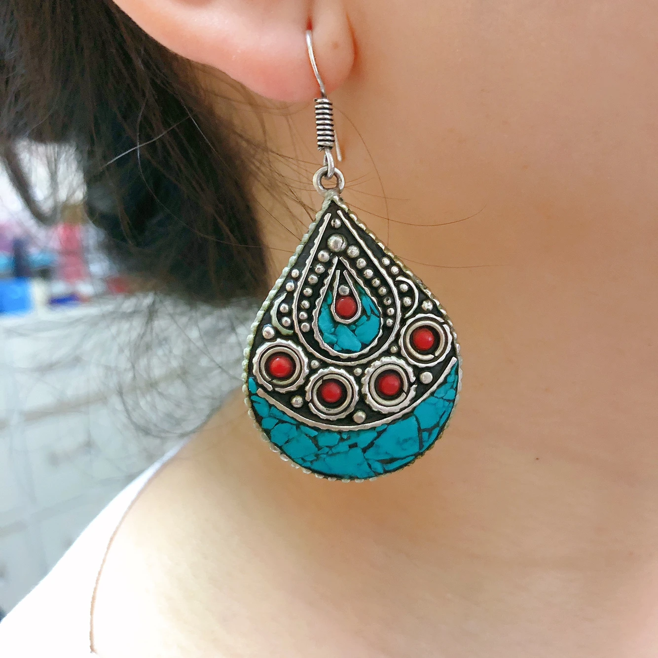 

ER150 Nepal Big Water Drop Tibetan Silver Inlaid Turquoises Stone Earring Ethnic Tibetan Gift For Lady