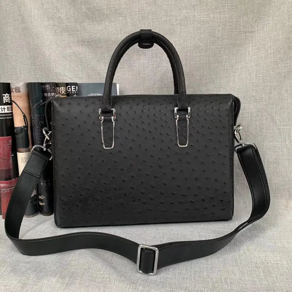 

Authentic Exotic Ostrich Skin Men's Large Business Briefcase Bag Black Laptop Case Genuine Leather Male Working Purse Handbag