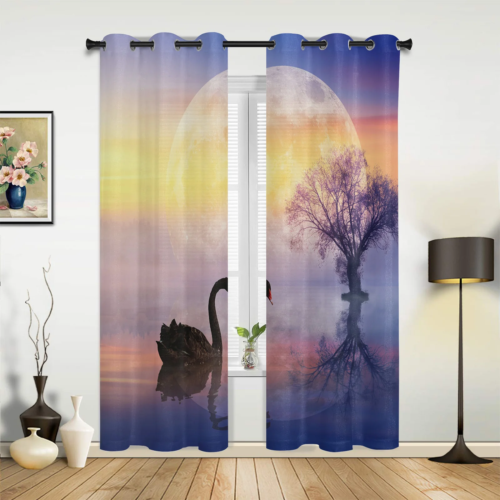 Black Swan Lake Moon Kitchen Curtain Kids Bedroom Living Room Balcony French Windows Curtain Fabric Pergola Bathroom