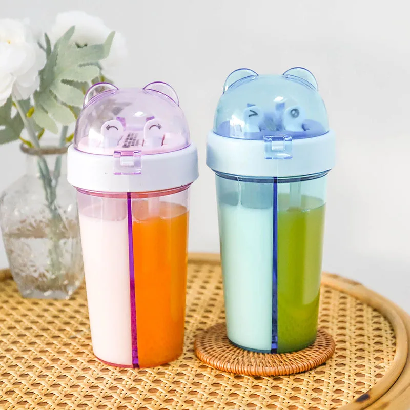 420ml creative cute cup of double-drinking plastic cup portable separated children\'s water cup smoothie boba milk tea straw cup