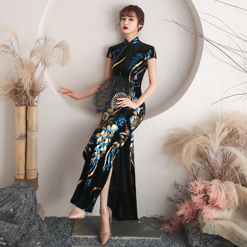 Oversize 4XL Velour Sequin Flower Cheongsam Women Slim Velvet Qipao Elegant Evening Party Dress Short Sleeve Vestidos