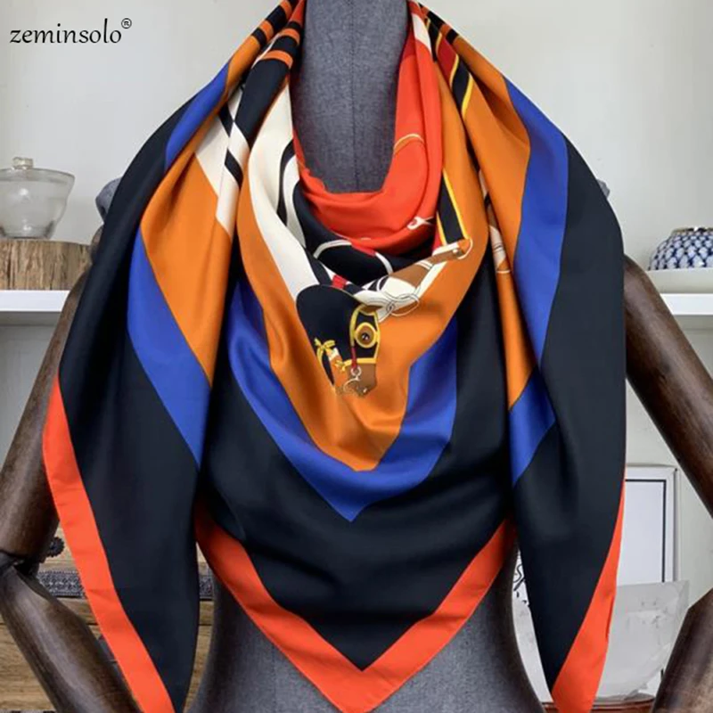 

100% Twill Silk Scarf Luxury Brand Chain Neckerchief Headscarf Square Shawls Scarves Women Lady Foulard Female Bandana 130*130cm