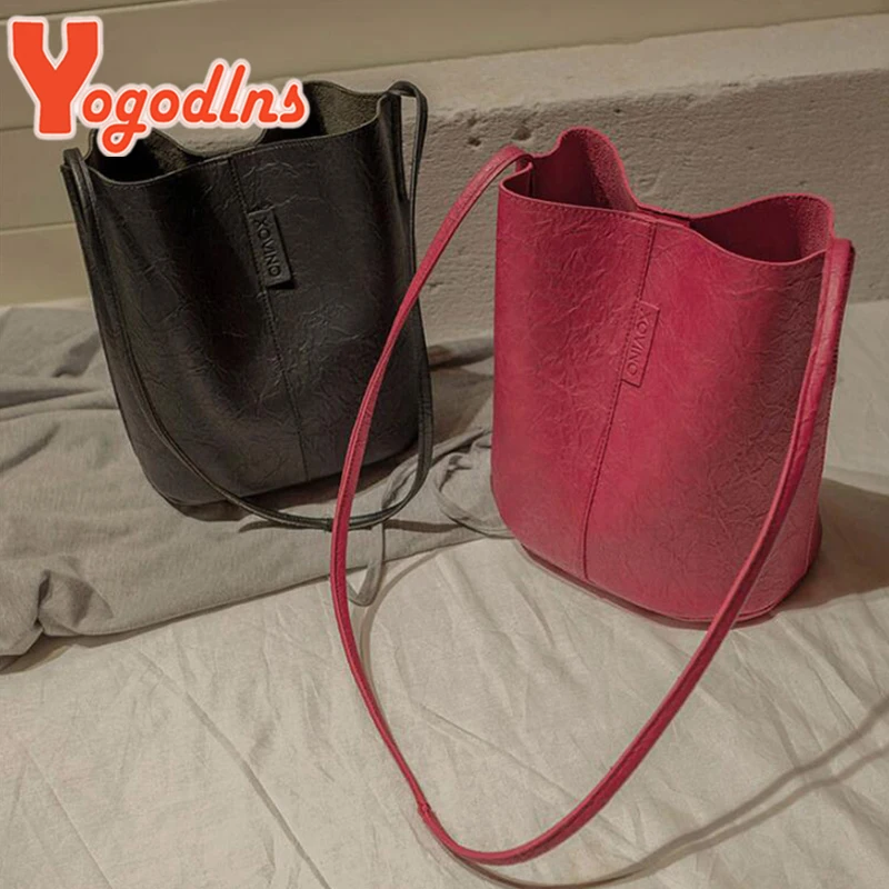 Yogodlns Vintage Shoulder Bag For Women PU Leather Bucket Bag Casual Handle Bag Large Capacity Brand Crossbody Bag Lady Handbag