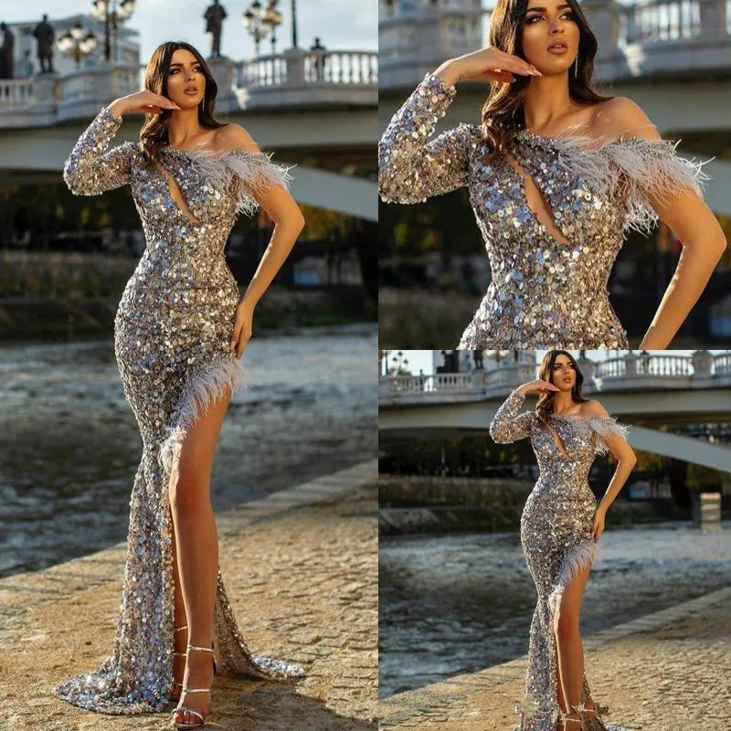 

Sparkly Sequined Prom Dresses Feathers Beads One Shoulder Long Sleeves High Side Split Mermaid Evening Dress Formal Party Dress