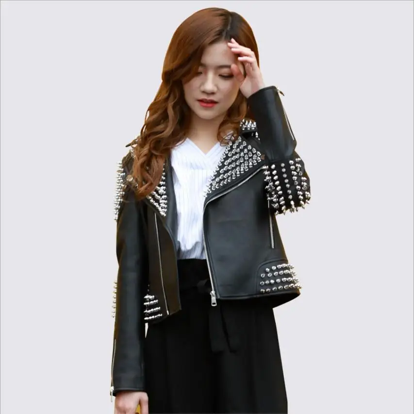 Punk rivet beading pu leather jackets spring bullet Beading leather outerwear female fashion was thin PU leather jacket WQ218