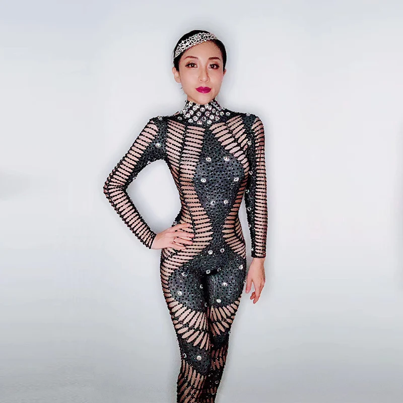 Unique design black false hollow rhinestone onesie nightclub bar concert DJ singer/dancer costume