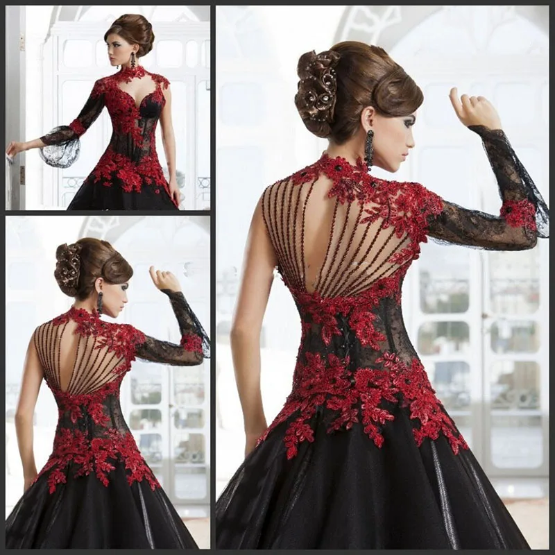 

Thinyfull Victorian Gothic Masquerade Wedding Dress High Neck Appliques Beaded Long Sleeve Red and Black Bridal Gown Customized