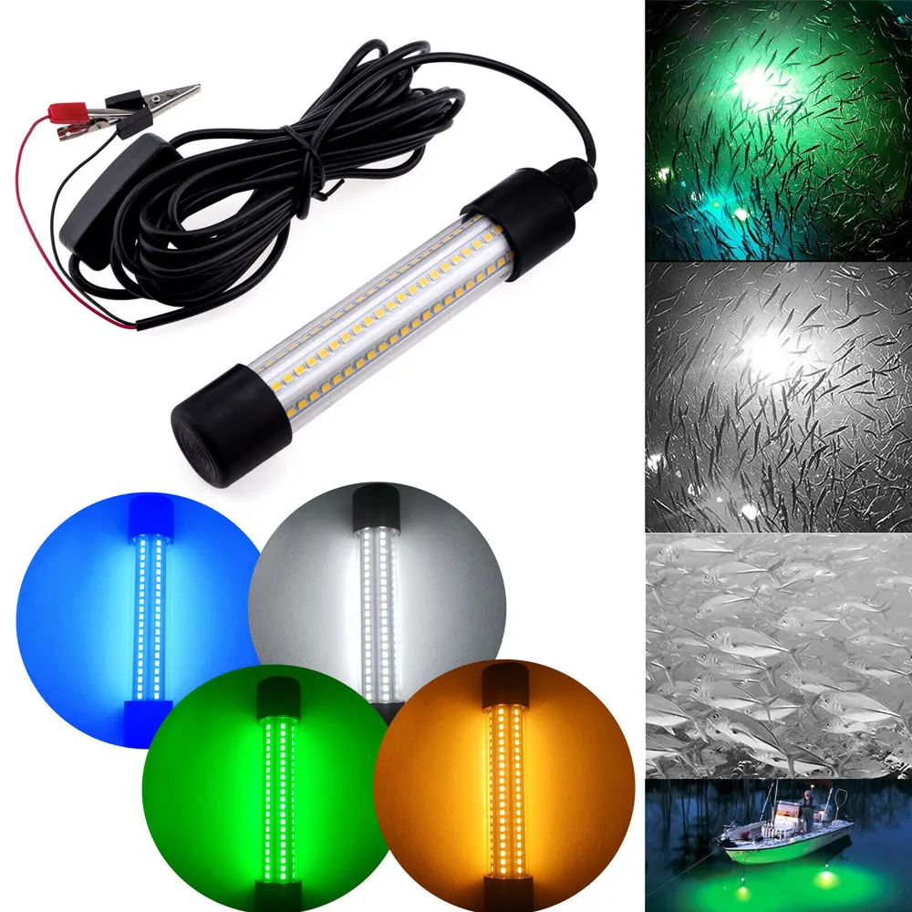 

New 1200LM 12V LED Submersible Fishing Light Underwater Waterproof Fish Lure Bait Finder Lamp White Warm Green Blue Lights