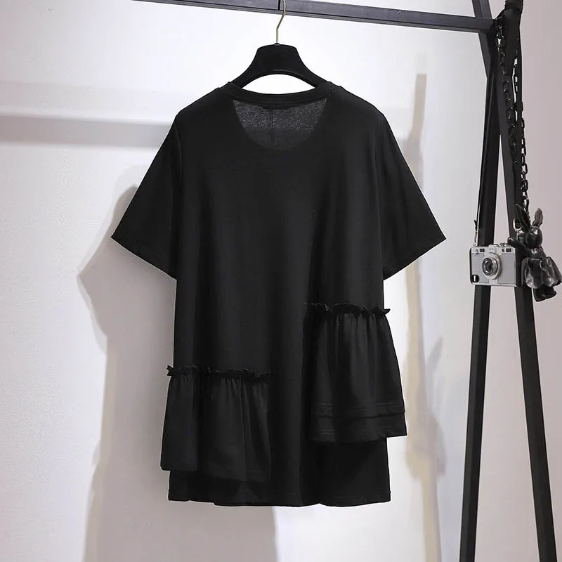 150Kg Plus Size Women's Summer Ruffle Stitching Short-Sleeved T-Shirt Bust 153cm 6XL 7XL 8XL 9XL 10XL Loose Cotton O-Neck Top