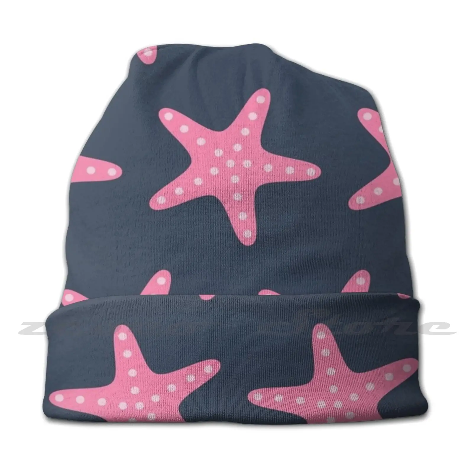 Pink Starfish On Navy Knit Hat Hedging Cap Soft Elasticity Outdoor Sports Leisure Beach Theme Starfish Pattern Starfish Love