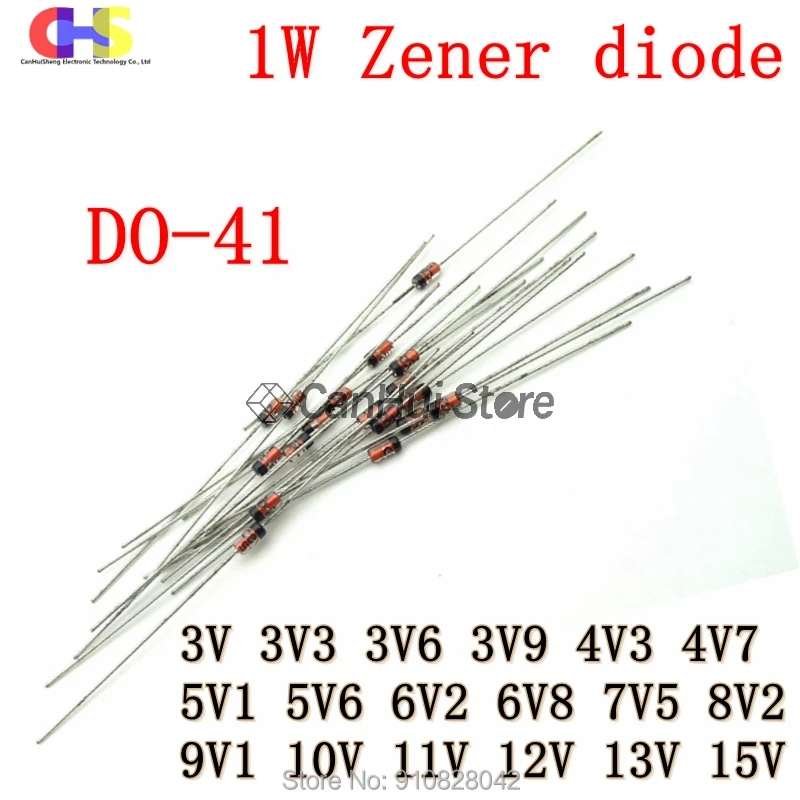 50pcs 1W Zener diode DO-41 3V 3V3 3V6 3V9 4V3 4V7 5V1 5V6 6V2 6V8 7V5 8V2 9V1 10V 11V 12V 13V 15V 1N4733A 1N4742A 1N4728A