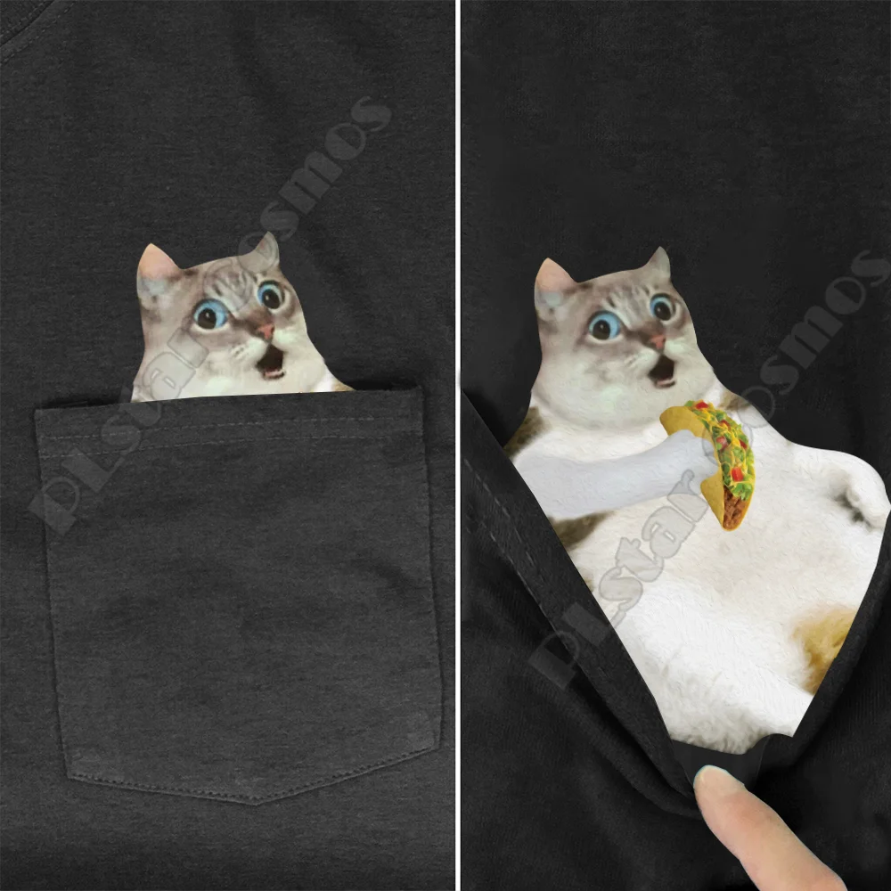 Hippie Pocket Tee T Shirts summer Smoking Cat printed t-shirt men for women tops black cotton funny Short sleeve dropshipping