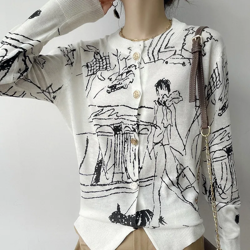 Graffiti Digital Jacquard Fine Imitation Fashion Wool Knitted Cardigan Women\'s 22 Spring Autumn Thin Loose Jacket Trendy Sweater
