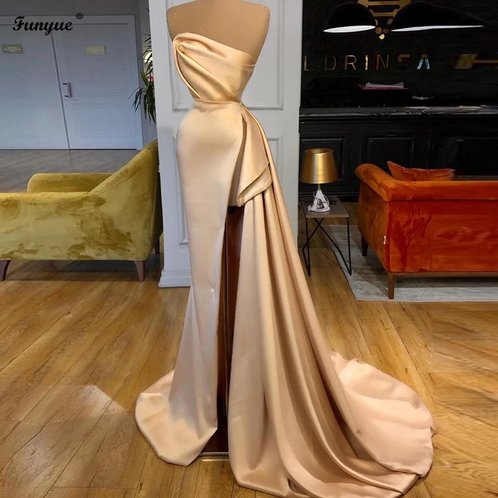 

Real Photo Champagne Mermaid Prom Dresses Long Strapless High Slit Satin Sexy Formal Dress Evening Gown 2021 Abendkleider