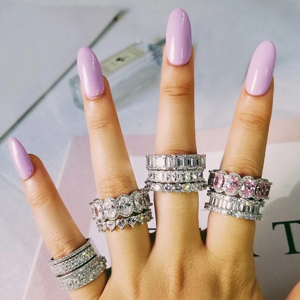 BRAND 925 SILVER PAVE Cushion cut pink stone BAND Ring for Women ETERNITY ENGAGEMENT WEDDING Rings finger Simulated Diamond
