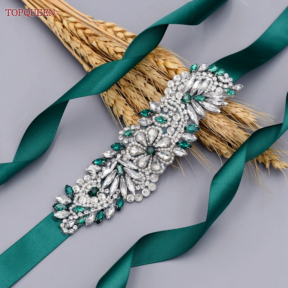 TOPQUEEN S22 Bridal Belt with Green Diamonds Rhinestone Luxury Shiny for Women Wedding Party Evening Dress Gown Sash Accessories