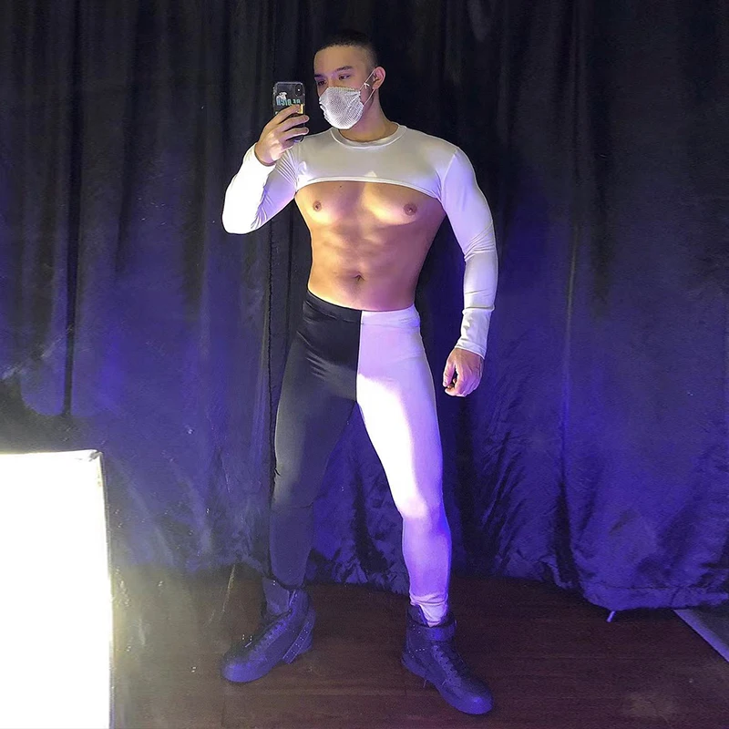 Traje de actuación de baile en barra para fiesta, pantalones blancos y negros para hombre, ropa de baile Gogo para club nocturno, traje Rave de escenario para hombre musculoso VDB3905
