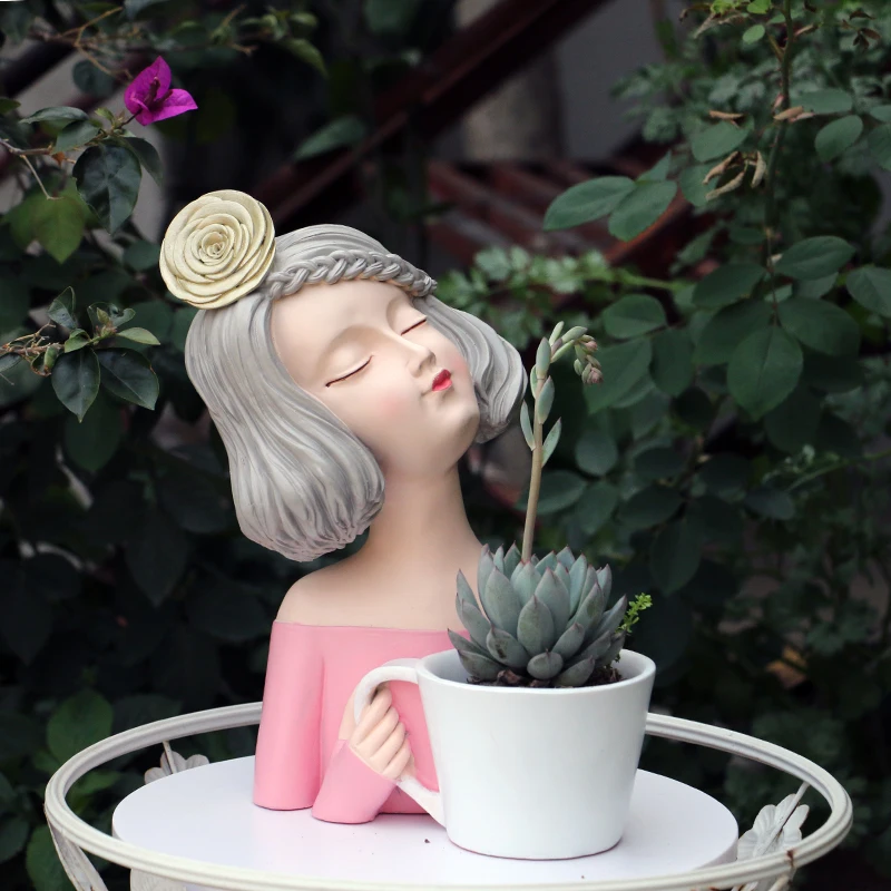 

Pastoral Succulent Bonsai Cute Girl Flower Pot Resin Ornaments Outdoor Garden Figurines Decoration Balcony Furnishing Crafts