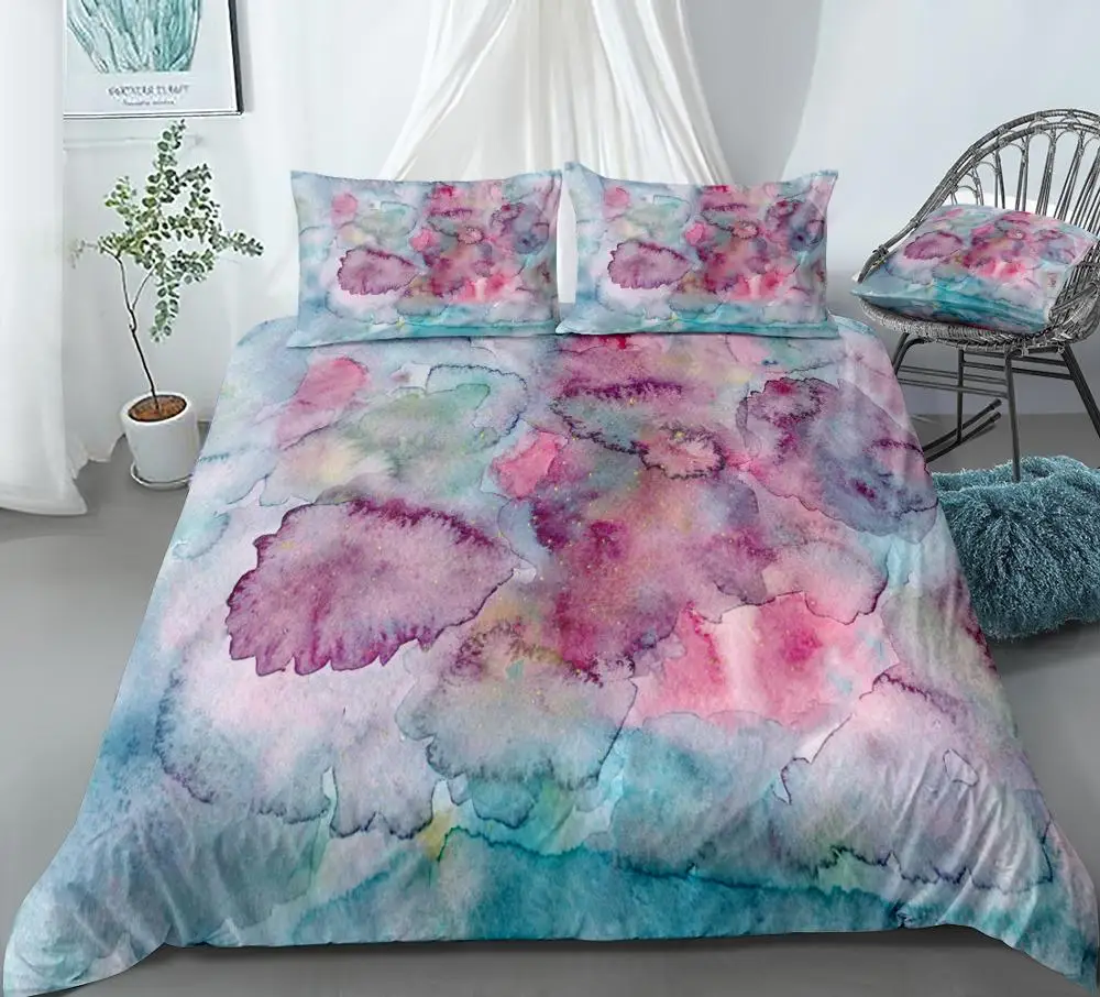 Oil Painting Bedding Set Pink Blue Duvet Cover Set Pastel Bed Linen Girls Bedclothes Kids Bed Set Boys Microfiber Home Textiles