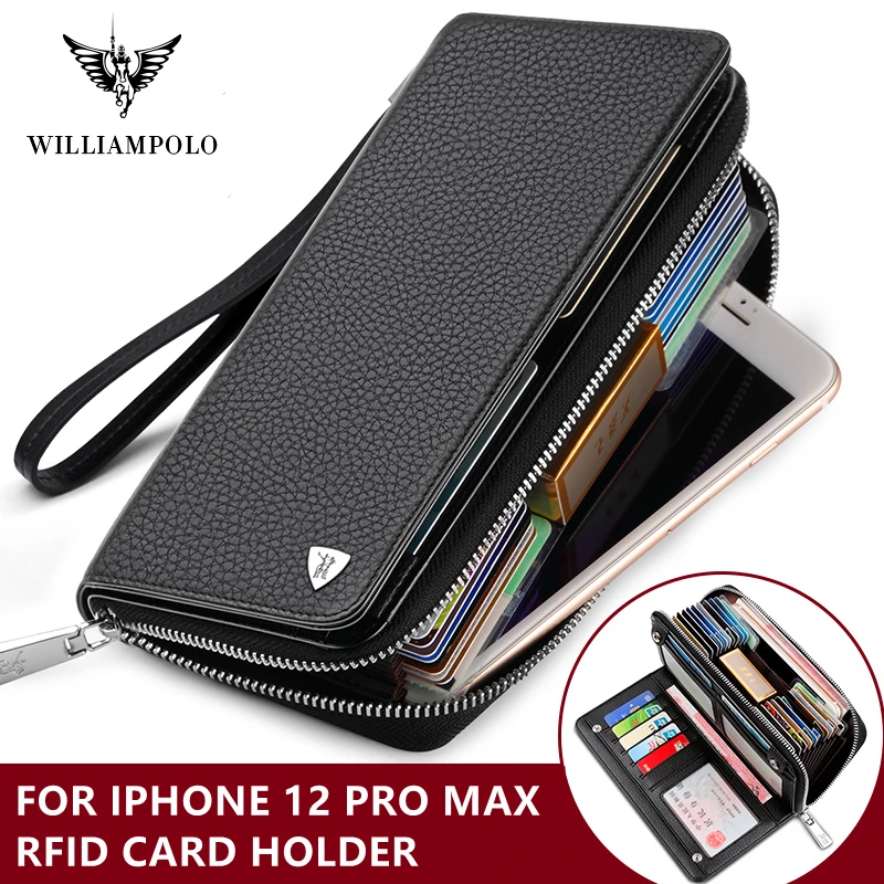 WILLIAMPOLO Men's Clutch Bag Wallet Business Card Holder Coin  Purse 100% Cow Leather Wallet For Men Passport Cover