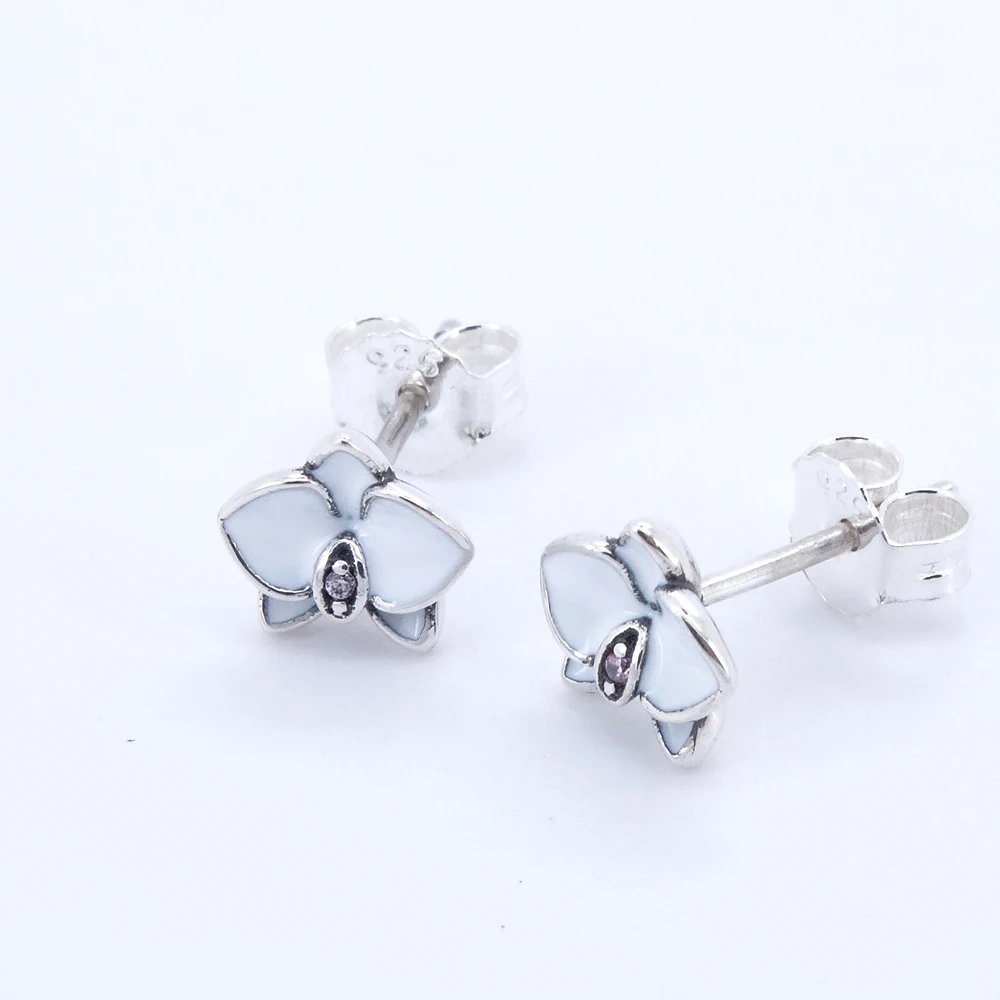 

White Orchids Stud Earrings Elegant Jewelry Making 925 Original Sterling Silver Fashion Earring Studs Woman Gift