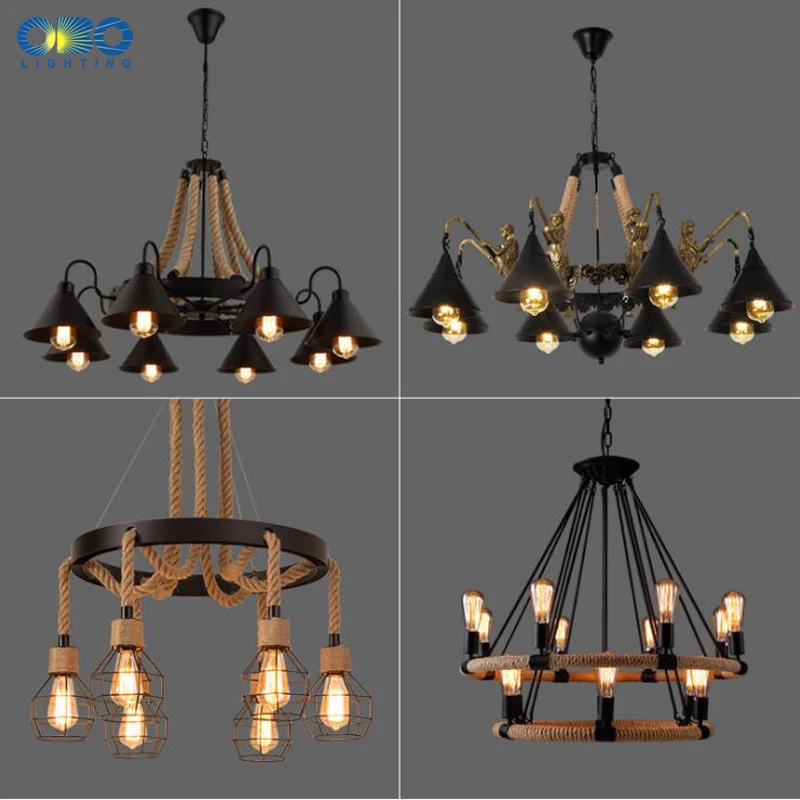Vintage Hemp Rope Pendant Lamp Iron Lampshade Shop/Coffee House Bar Indoor Lightings E27 Industrial Style Chain Pendant Lights