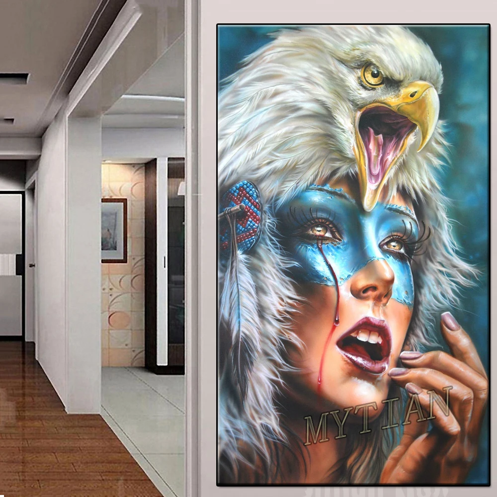 full square/round 5D DIY diamond painting Beautiful Blood Weeping Indian girl Eagle Embroidery Pattern Cross stitch mosaic decor