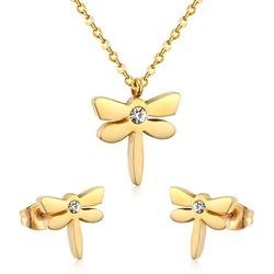 LUXUKISSKIDS Cute Dragonfly with Rhinestone Jewellery Set Stainless Steel Golden Necklace and Earrings Indian Bijoux for Women