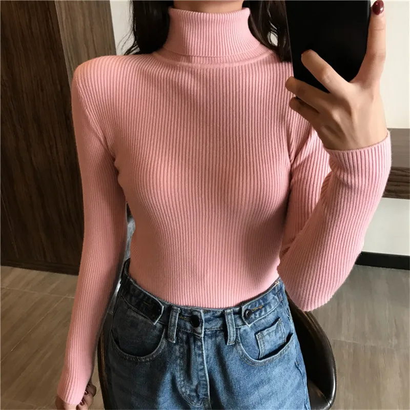 Autumn Women Sweater Long Sleeve Knitted Turtleneck Pullovers Winter Elasticity Multicolor Solid Slim Tops Bottomed Sweater