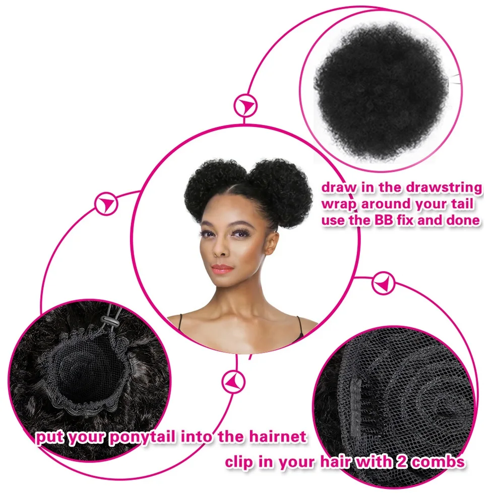 6inch High Afro Puff Synthetic Hair Bun Chignon Hairpiece For Women Drawstring Ponytail Kinky Curly Clip in Extensions