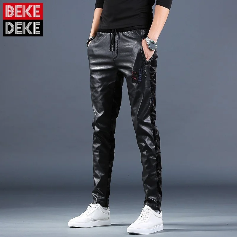 

Style Korean Mens New Slim Corduroy Casual PU Leather Straight Pants Elastic Waist Pockets Embroidered Fashion Camouflage Pants