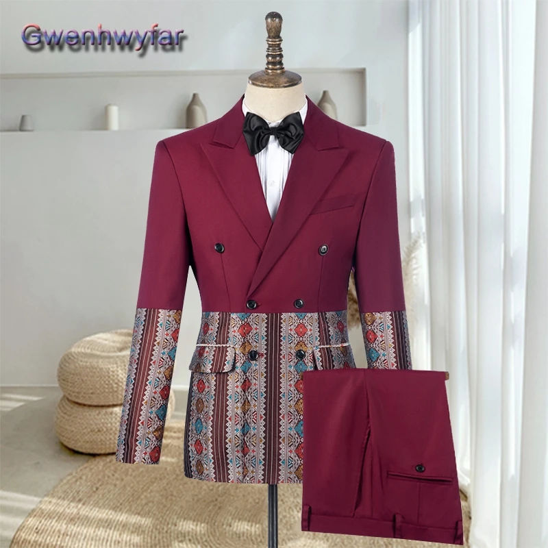 

Gwenhwyfar Patchwork Men Suit For Wedding Custom Made Double Breasted Formal Suits Set Peaked Lapel Groom Tuxedos Pants Set