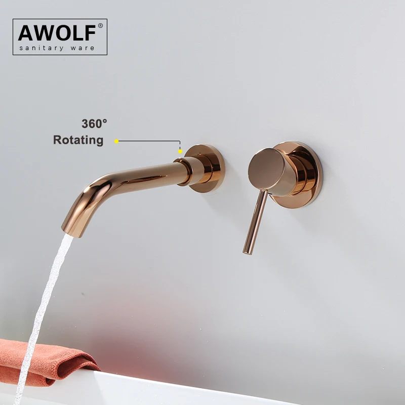 Shiny Rose Gold Wall Mounted Bathroom Basin Sink Faucet Tap Solid Brass Polishing Mixer Single Handle With Rotating Spout ML8037