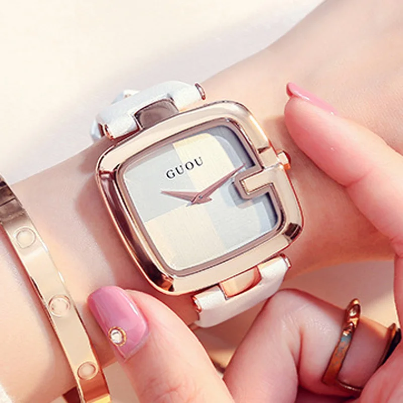 Guou-relojes de marca superior para mujer, pulsera de lujo con correa de cuero, cuadrada, a la moda, Saati, 2019