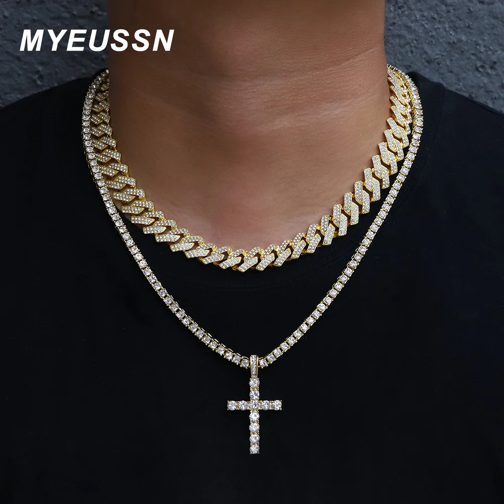 

Popular Iced Out Cross Pendant Necklace Men Charm Miami Cuban Chain Necklace Set Women Cross Hip Hop Tennis Chain Jewellery Gift