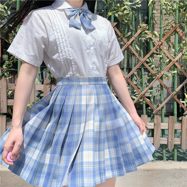 Japanischen College Wind JK Uniformen Kurzarm Studenten Weißes Hemd Hohe Taille Plaid Plissee Rock Stück Weibliche Sommer