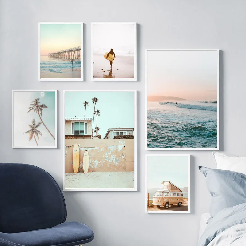California Surf Art Prints Beach Wall Art Summer Print Sunset Landscape Canvas Painting Surfboard Boho Decor Coastal Posters