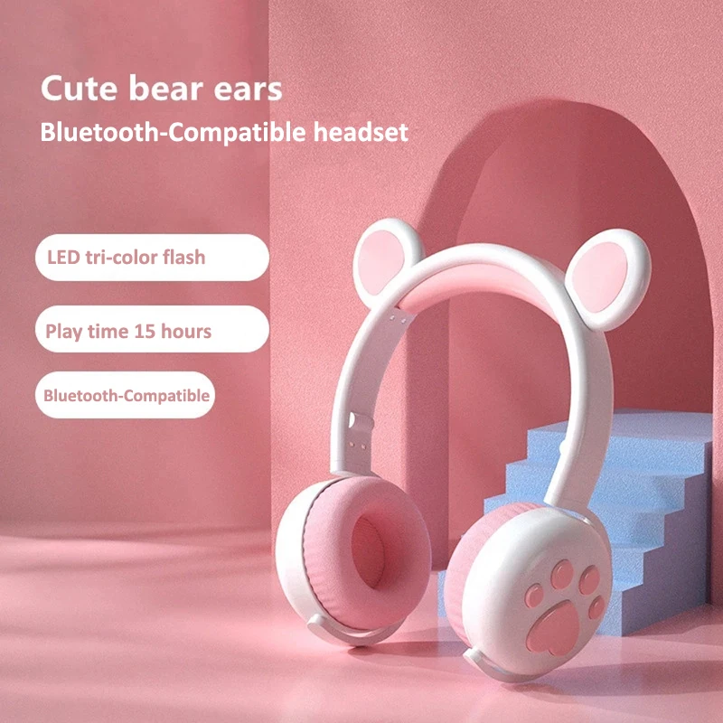 Cute Bear Ear Paw Headset Glowing Kids Wireless Bluetooth-Compatible 5.0 Headphones Girls Earphone with Mic Children Gifts