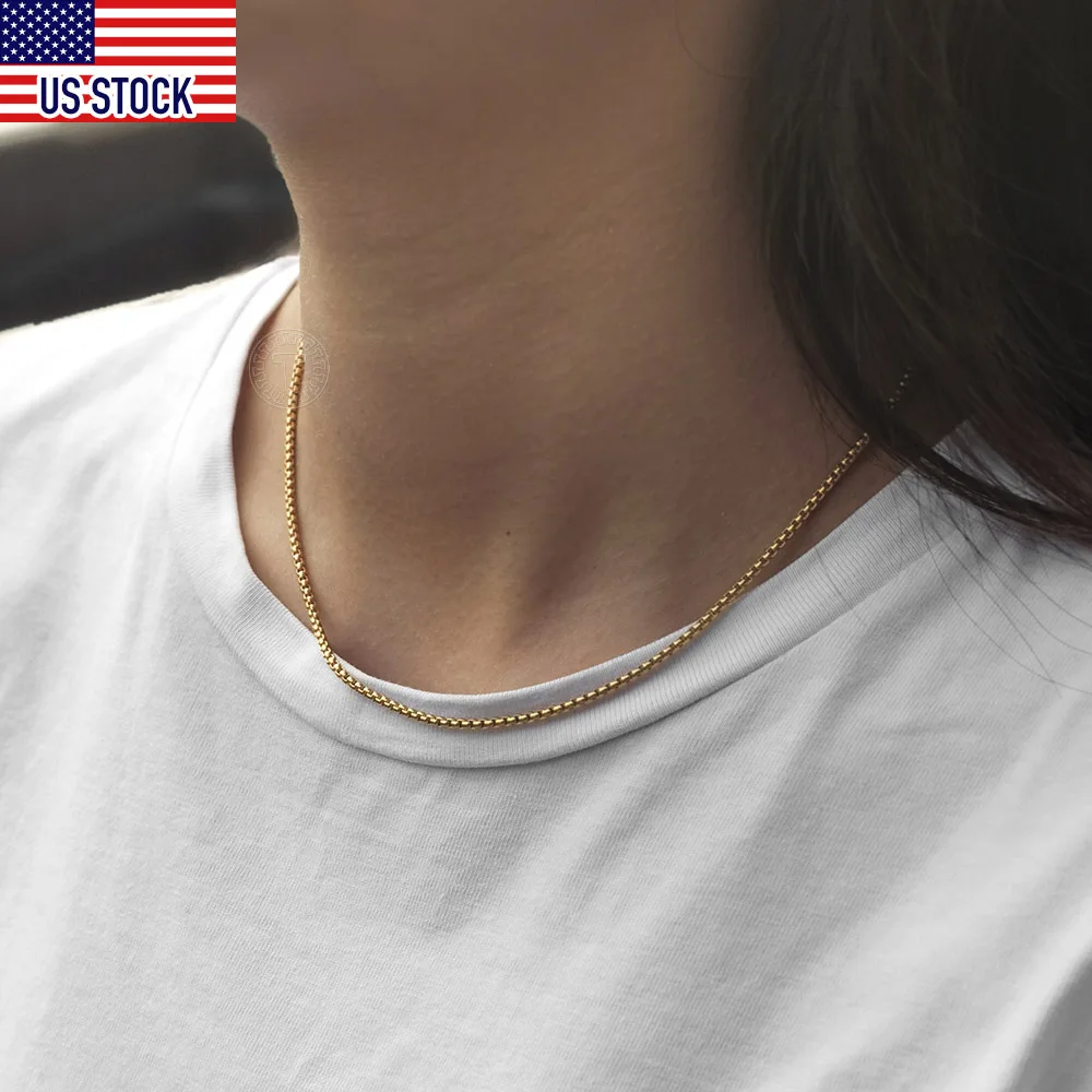 2MM Thin Box Chain Choker for Men Women Round Box Link Stainless Steel Necklace 16inch Dropship US Stock Jewelry KN385US